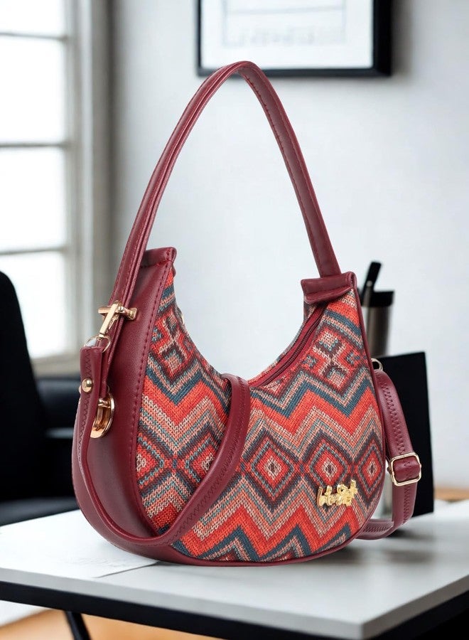 LIKE STYLE Women's Ethnic Print Sling Bag | Canvas & PU Leather Crossbody with Adjustable Strap | Trendy, Spacious & Lightweight Shoulder Handbag for Daily Use (Maroon) - Image 2